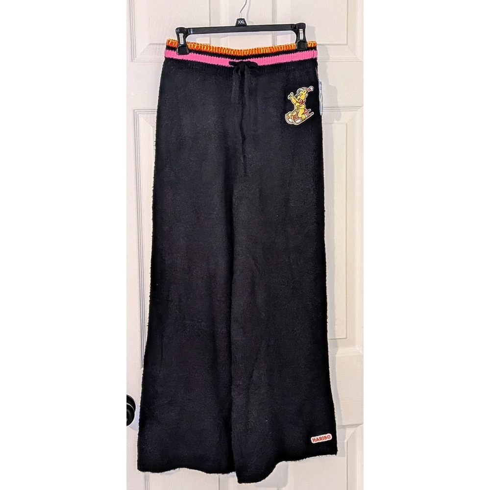 Haribo JCPenney Fuzzy‎ Lounge Pants Small S Black Gummy Bear Gold Sled Patch NWT